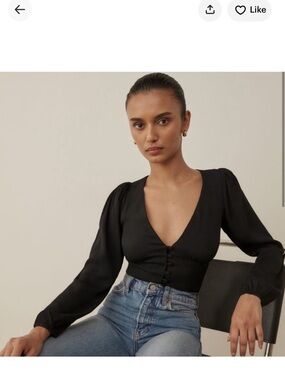 Reformation Black V-Neck Button Front Blouse